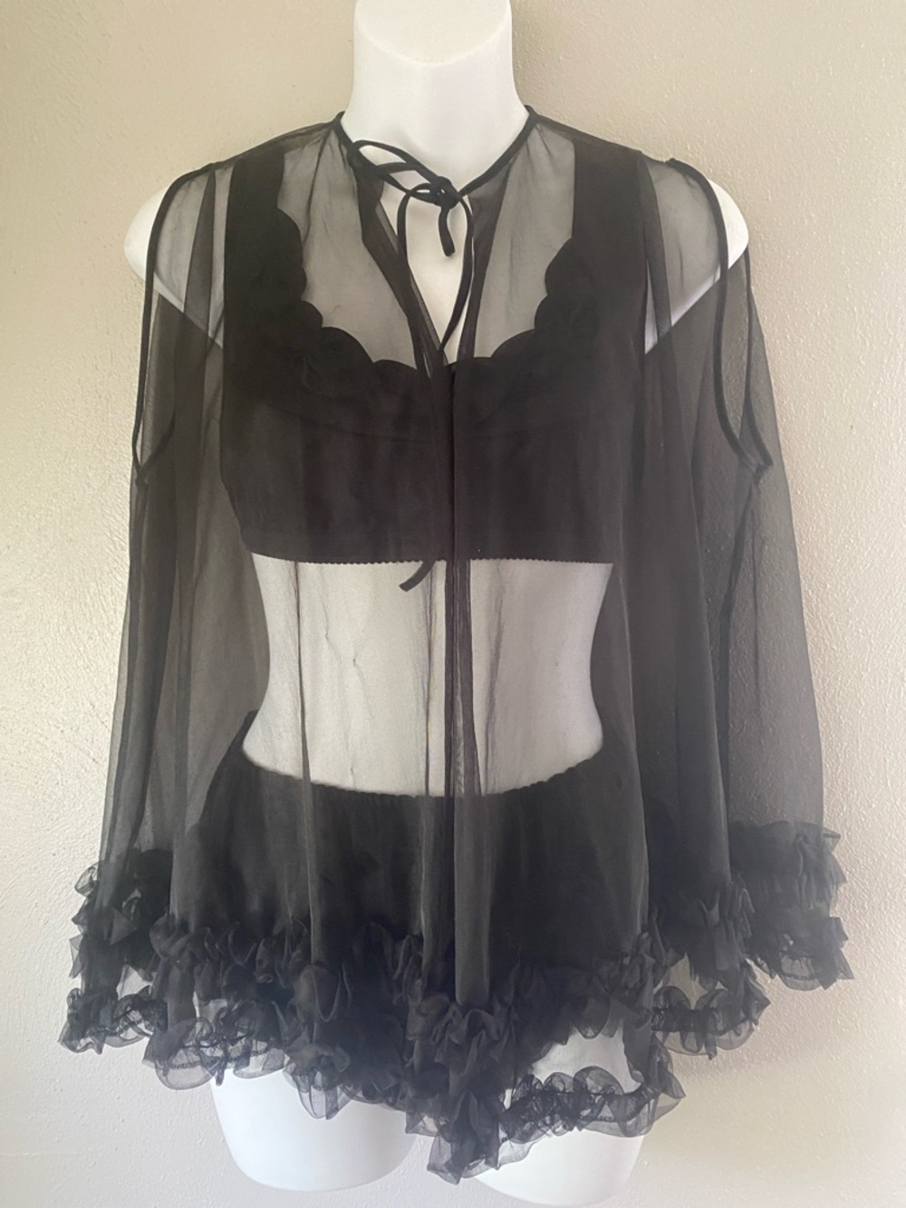 Black Ruffle Chiffon 1960s 3 piece set in box